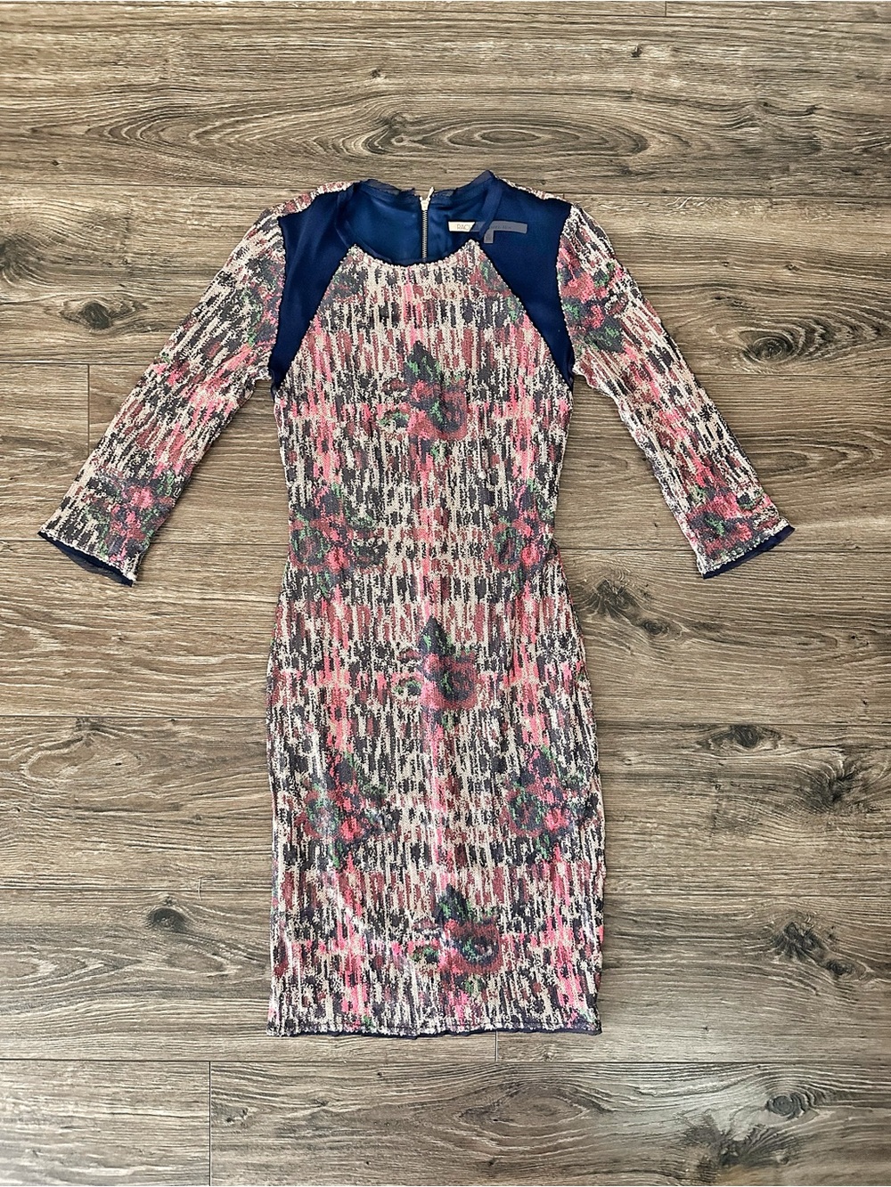 RACHEL Rachel Roy Pink Floral Sequin Bodycon Dress with Navy Panels